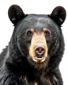 A black bear with brown eyes and a white background photo