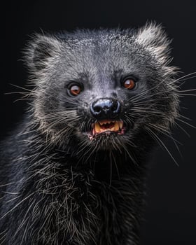 A close up of a black and white animal with its mouth open photo