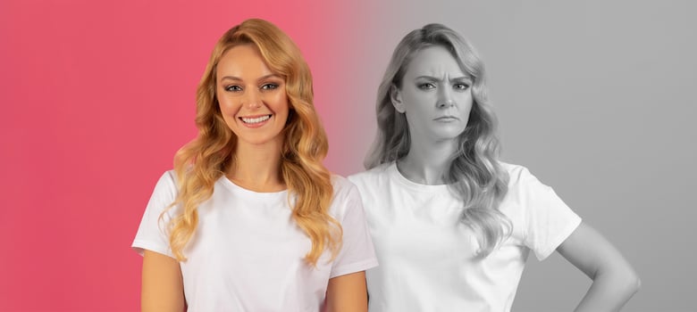 A woman stands confidently on left, showcasing a bright, cheerful expression, while on the right, her demeanor shifts to one of frustration or annoyance, set against a contrasting monochrome backdrop photo