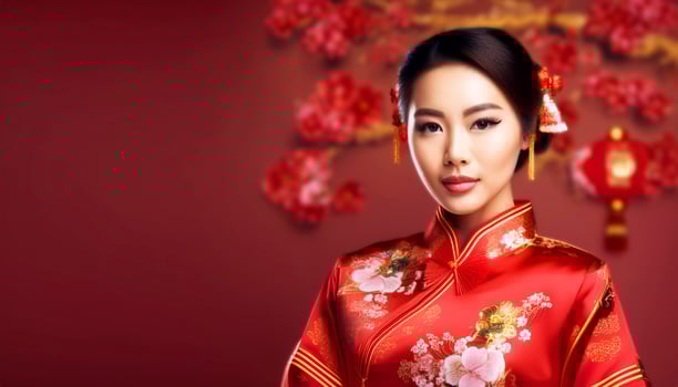 a woman dressed in a traditional red Chinese qipao a woman dressed in a traditional red Chinese qipao, rich red and gold tones that symbolize prosperity and good fortune in Chinese tradition, china photo