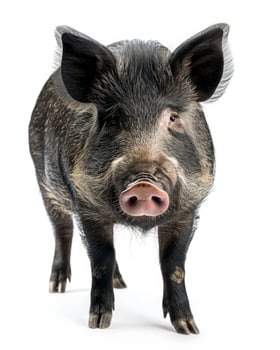 A pig is standing in front of a white background photo