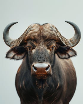 A close up of a buffalo with large horns photo