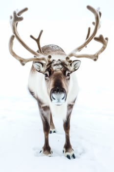 A reindeer with antlers standing in the snow photo