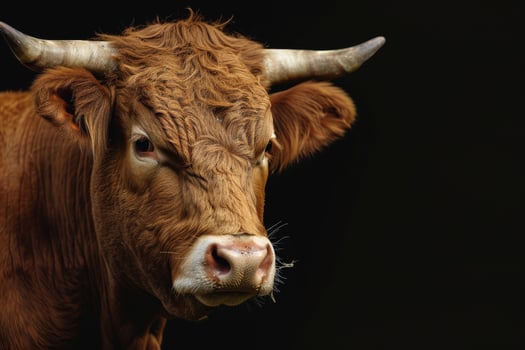 A close up of a brown cow with horns photo