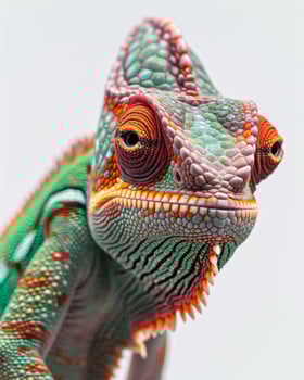 A close up of a chameleon with a white background photo