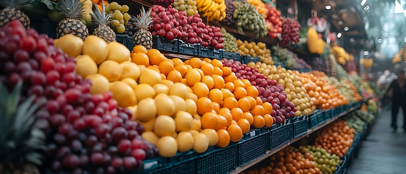 Colorful fruits and vegetables arranged on shelves in a market. photo