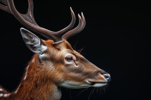 Close up of deer head with horns on black background photo