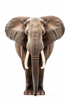 An elephant with tusks standing in front of a white background photo