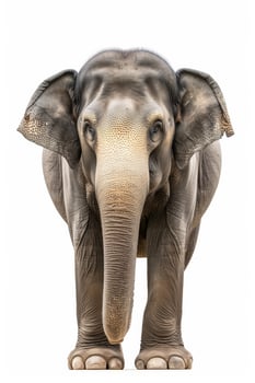 An elephant is standing in front of a white background photo