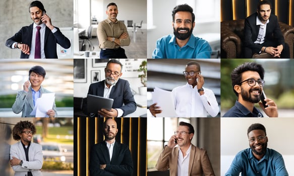 A variety of professionals from different backgrounds are captured in a modern office environment, actively engaging in phone calls, discussing documents, and working on laptops photo