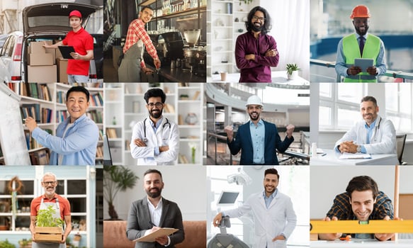 This collage showcases a variety of professionals in their respective work environments. The image includes a delivery driver loading a package into his vehicle, a barista making coffee photo