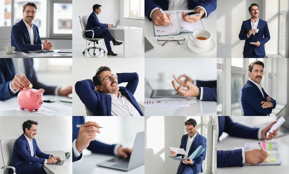 A business professional is seen performing multiple tasks in a bright and modern office environment. He is seated at a desk, reviewing documents, working with a laptop photo