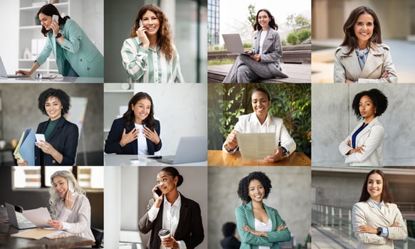 A diverse group of professional women is engaged in different activities within a modern office environment. They are seen on phone calls, typing on laptops, reviewing documents photo