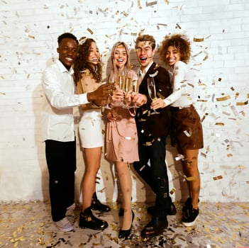 Party. Group Of Friends Celebrating Drinking Champagne Standing Under Falling Confetti Smiling To Camera Indoors. Full Length photo