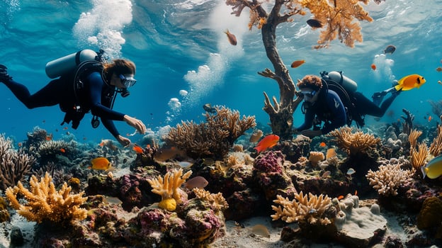 Two scuba divers are swimming over a coral reef photo