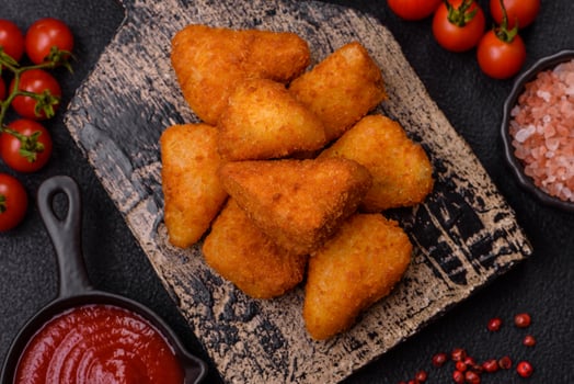 Breaded camembert or brie cheese baked in the form of nuggets with salt and spices photo