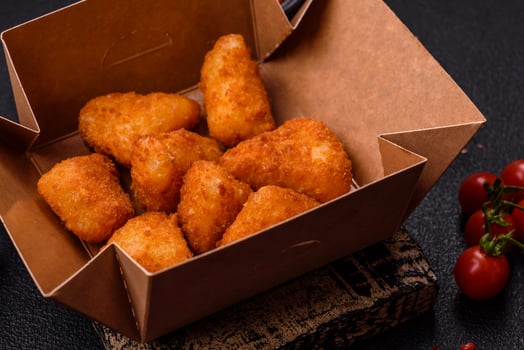 Breaded camembert or brie cheese baked in the form of nuggets with salt and spices photo