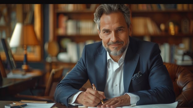 Happy satisfied middle aged professional business man executive ceo manager, lawyer wearing suit sitting at desk signing law document writing signature making legal agreement corporate deal in office photo