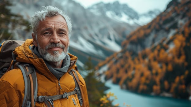 Happy older man standing in nature park enjoying natural park landscape. Smiling mature active traveler exploring camping tourism nature lake and mountains travel journey feeling freedom photo