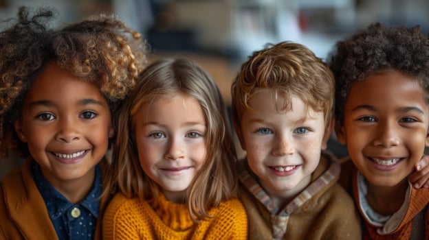 Happy diverse junior school students children group looking at camera standing in classroom. Smiling multiethnic cool kids boys and girls friends posing for group portrait together photo