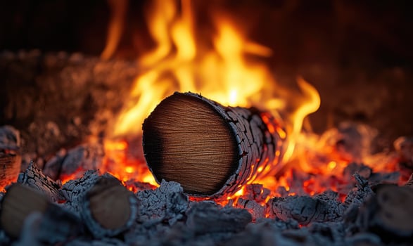 A brightly burning log closeup, flames flickering, glowing ash photo
