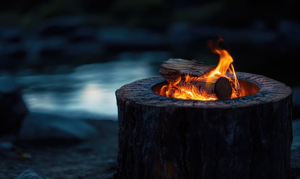 A burning log in a rustic outdoor setting, flames crackling photo