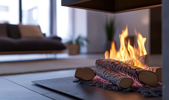 A burning log in a sleek modern fireplace, bright flames photo