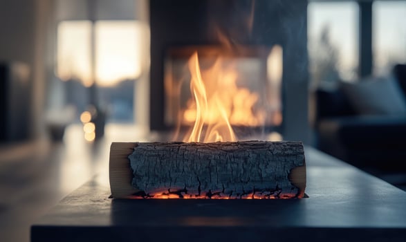 A burning log in a sleek modern fireplace, bright flames photo