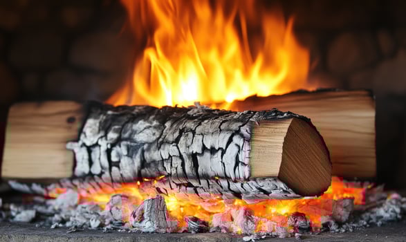 A burning log in a contemporary fireplace closeup photo