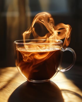 A glass cup filled with coffee, deep brown hues swirling inside photo
