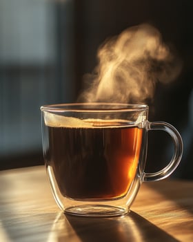 A glass cup filled with steaming coffee, deep rich color of the liquid photo