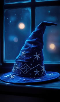 A navy blue wizard hat with glowing stars photo