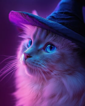 A fluffy white cat with bright blue eyes, wearing a neat witch hat photo
