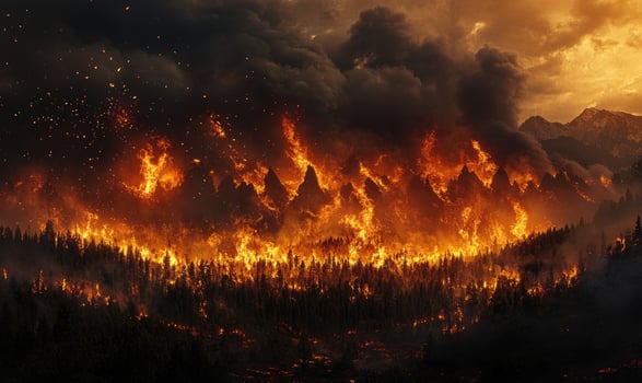 A forest fire sweeping through a dry landscape, flames consuming the trees and vegetation photo