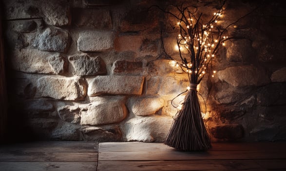 A witches broom wrapped with twinkling warm lights photo
