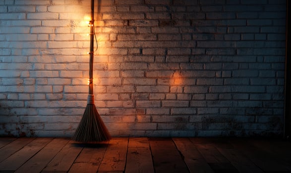A minimalist witch's broom adorned with warm glowing garlands, against a simple brick wall photo