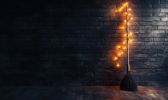 A minimalist witch's broom adorned with warm glowing garlands, against a simple brick wall photo