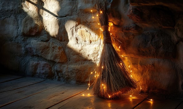 A witches broom wrapped with twinkling warm lights photo