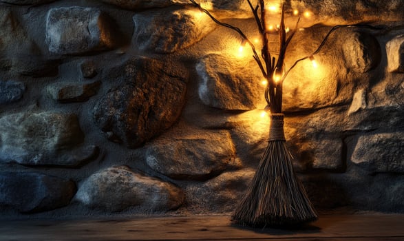 A witches broom wrapped with twinkling warm lights photo