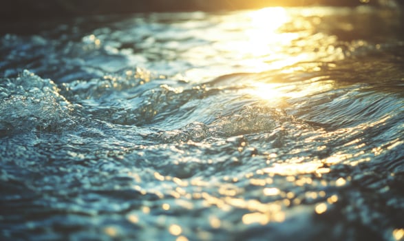 Close-up of a flowing river, sunlight reflecting on the water photo