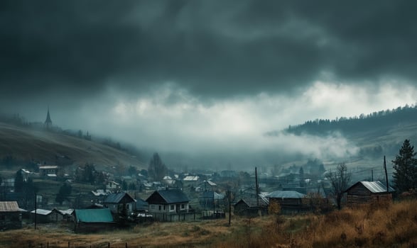 Dark clouds gathering over a quiet village, the air thick with moisture photo