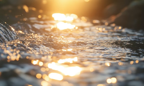 Close-up of a flowing river, sunlight reflecting on the water photo