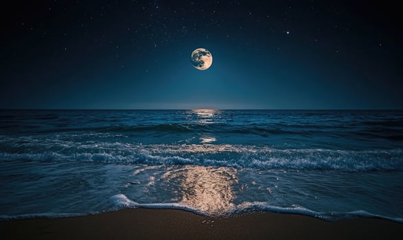 Bright moon casting a long reflection on the ocean photo