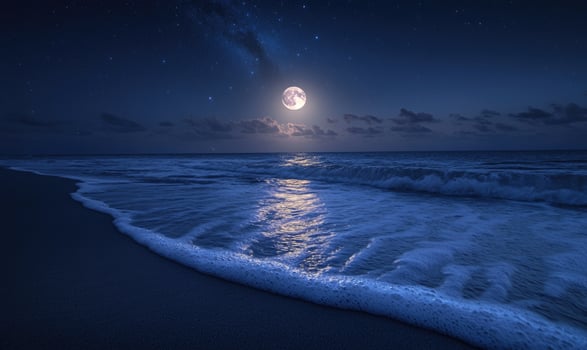 Bright moon casting a long reflection on the ocean photo