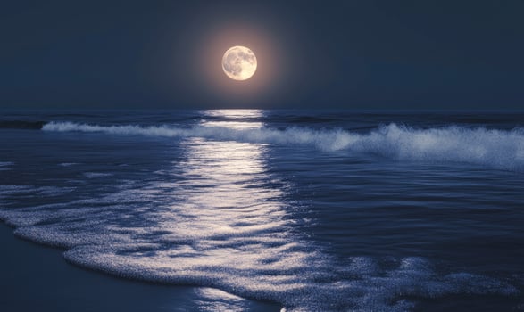 Bright moon casting a long reflection on the ocean photo