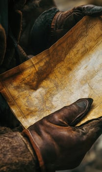Close-up of hands in leather gloves holding a map photo