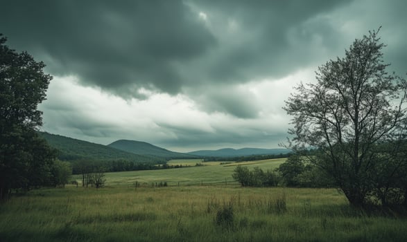 Overcast sky looming above a quiet countryside, thick gray clouds covering the entire sky photo