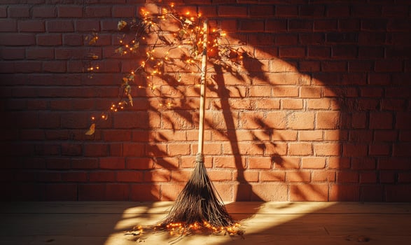 Elegant witch's broom adorned with glowing garlands photo
