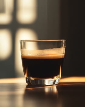 Glass cup filled with dark coffee, soft reflections on the glass photo