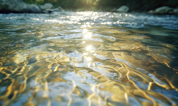 Flowing river with soft ripples, clear water reflecting the sunlight photo